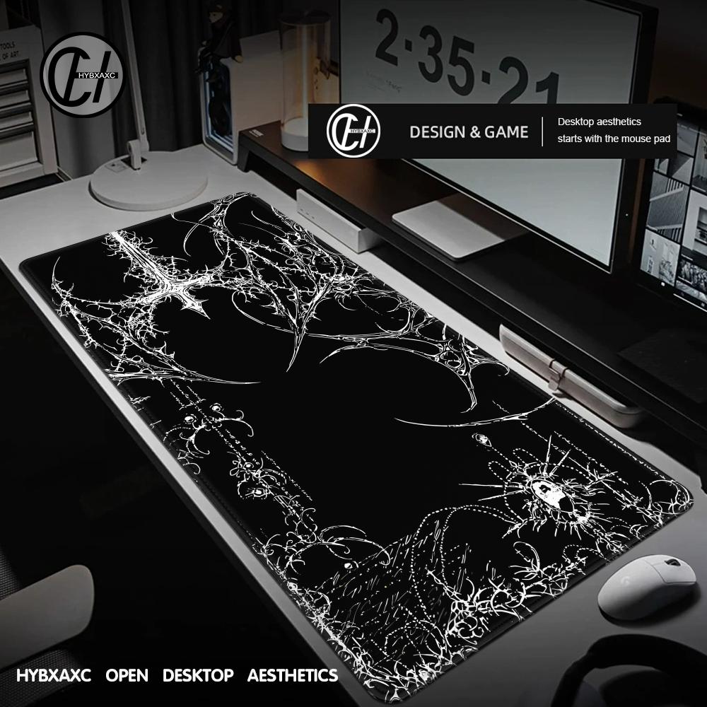 Desk Setup Black - Black White Cybersigilism Deskmat Gothic Centipede