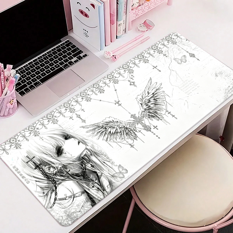 Desk Setup Black - Leather Mousepad Black White Anime Aesthetics